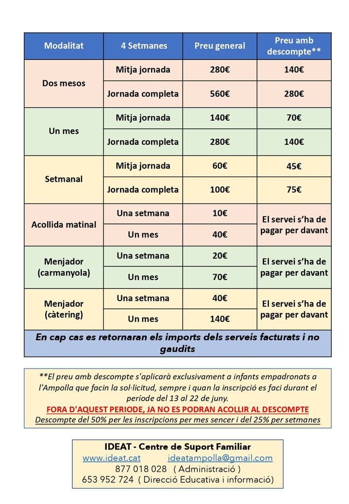 Tarifes campus d'estiu 2022